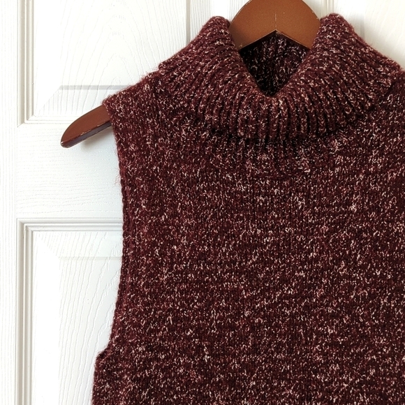 Anthropologie Marled Knit Sleeveless Side Slit Turtleneck Sweater Tunic Burgundy - Picture 4 of 13